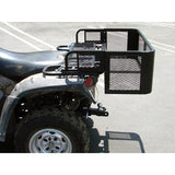 Black ATV equipped with the ATV Rear Storage Accessory Cargo Rack with Drop Down Basket, featuring a robust heavy-duty welded steel frame and Polyarmor coating, ideal for enhanced cargo capacity.