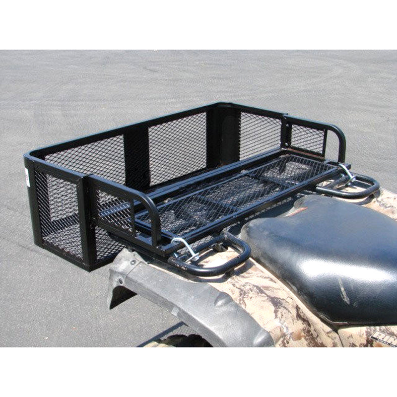 ATV Rear Storage Accessory Cargo Rack with Drop Down Basket mounted on an ATV, showcasing its robust heavy-duty welded steel construction and spacious drop-down basket for enhanced cargo capacity.