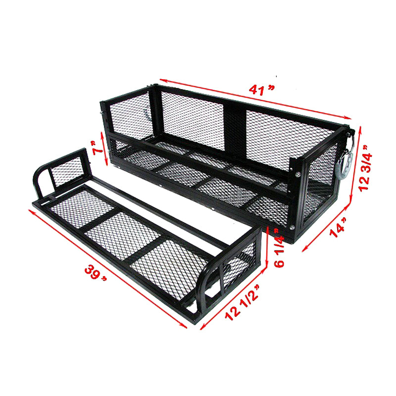 ATV Rear Storage Accessory Cargo Rack with Drop Down Basket, shown as a sturdy black metal box with mesh cover, designed for heavy-duty use on ATVs with standard tubular racks.