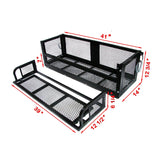 ATV Rear Storage Accessory Cargo Rack with Drop Down Basket, shown as a sturdy black metal box with mesh cover, designed for heavy-duty use on ATVs with standard tubular racks.