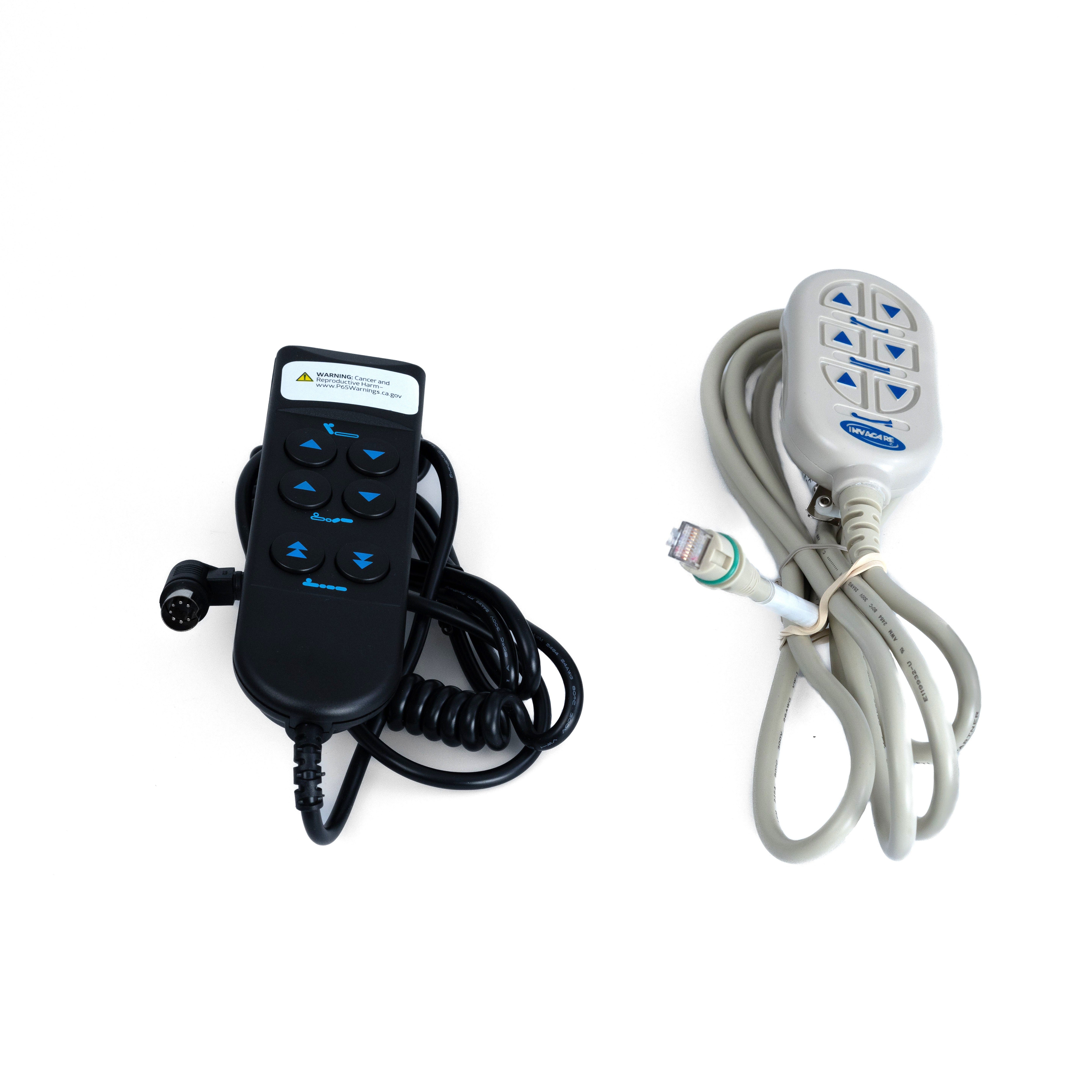 6-Button Hand Control Pendant for the Invacare 5410IVC Full Electric Homecare Bed, featuring blue buttons and available with either a 7-pin round connector or an old-style phone jack plug.