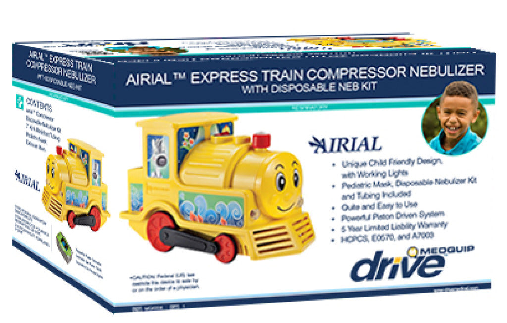 Drive Medical Airial Express Pediatric Compressor Nebulizer in toy train design, featuring a compact, piston-driven compressor with attached tubing and pediatric mask, ideal for child-friendly respiratory treatments.