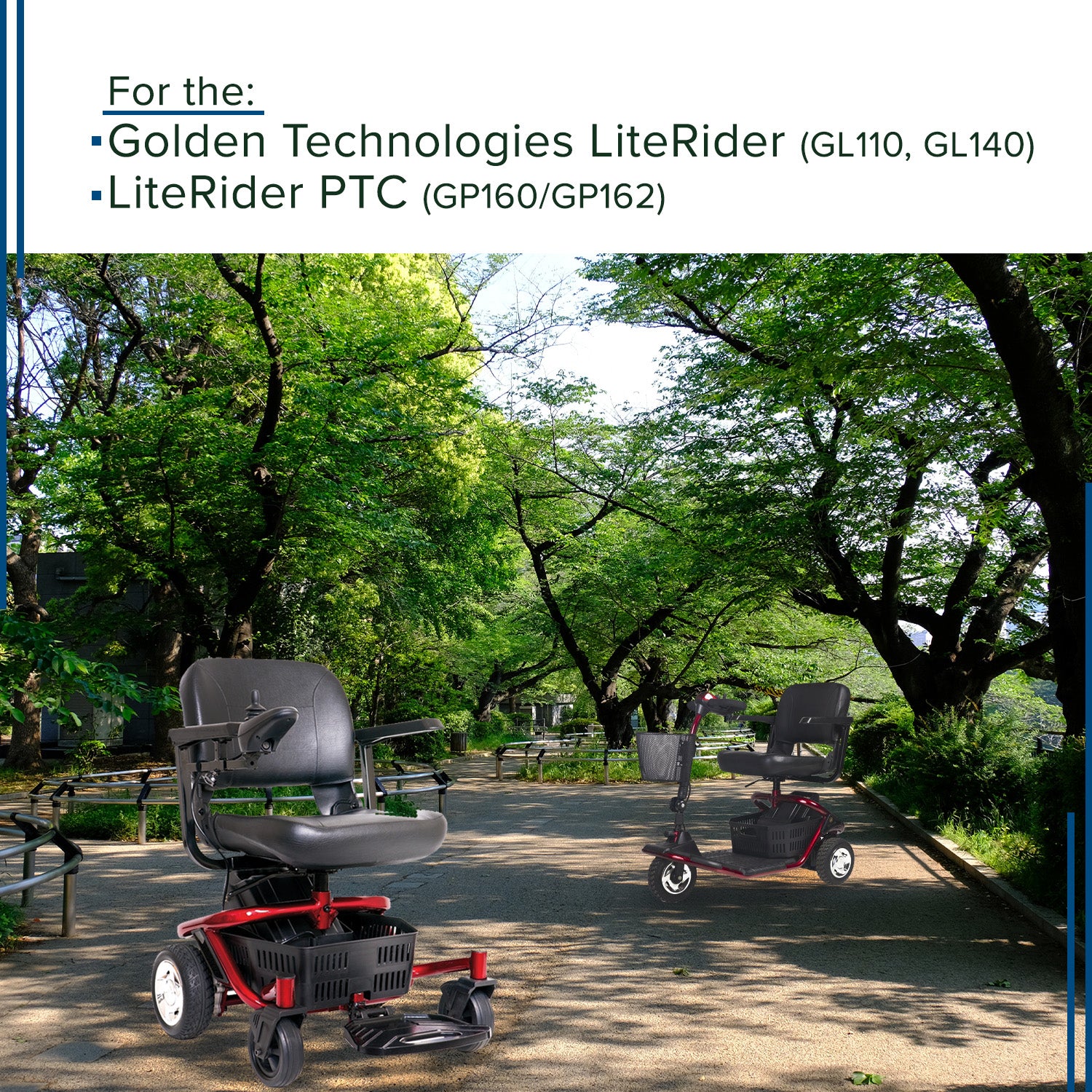 Battery Box Assembly for the Golden Technologies LiteRider GL110/GL140 & LiteRider PTC GP160/GP162 shown in a park setting with nearby electric wheelchairs and scooters.