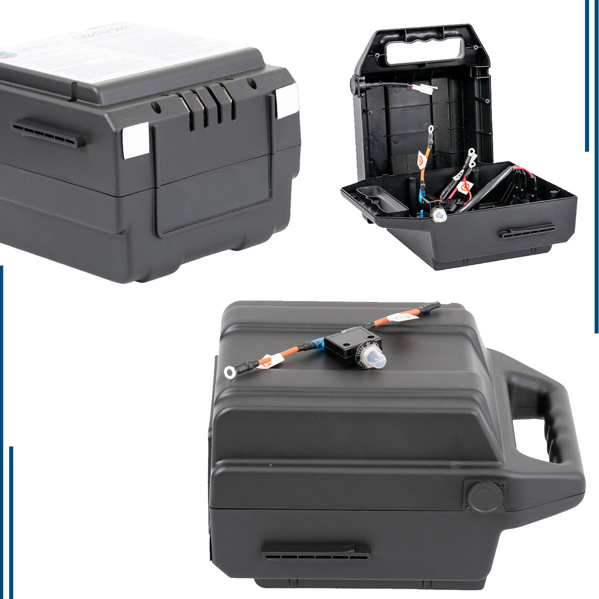 Battery Box Assembly for the Golden Technologies LiteRider (GL110/GL140) & LiteRider PTC (GP160/GP162) showing a black plastic box with a handle, wires, and a white label.