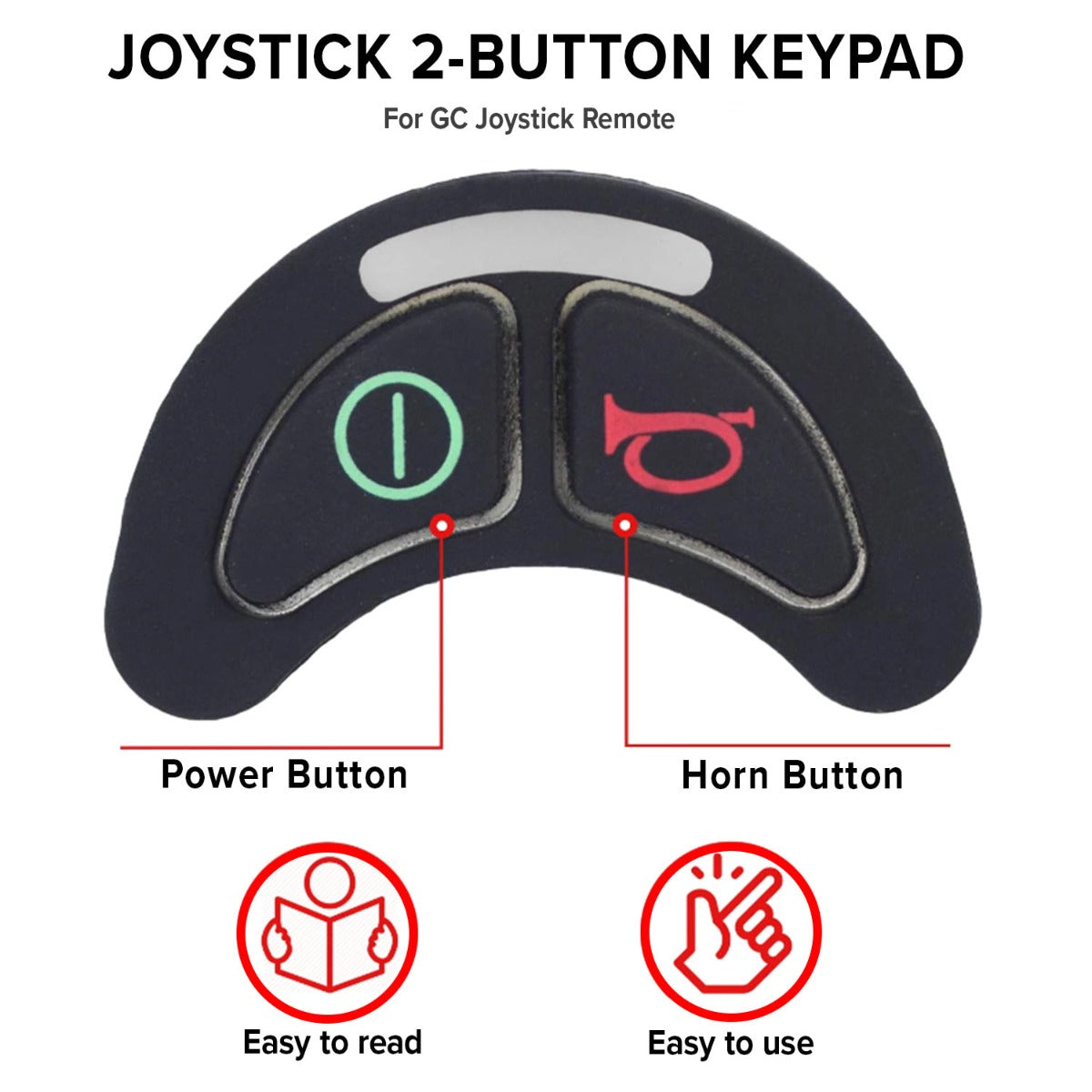 Keypad for 2-Key GC Joystick Remote for Jazzy Select Power Chairs, featuring horn and On/Off buttons, with visible red and white text and icons on a black background.