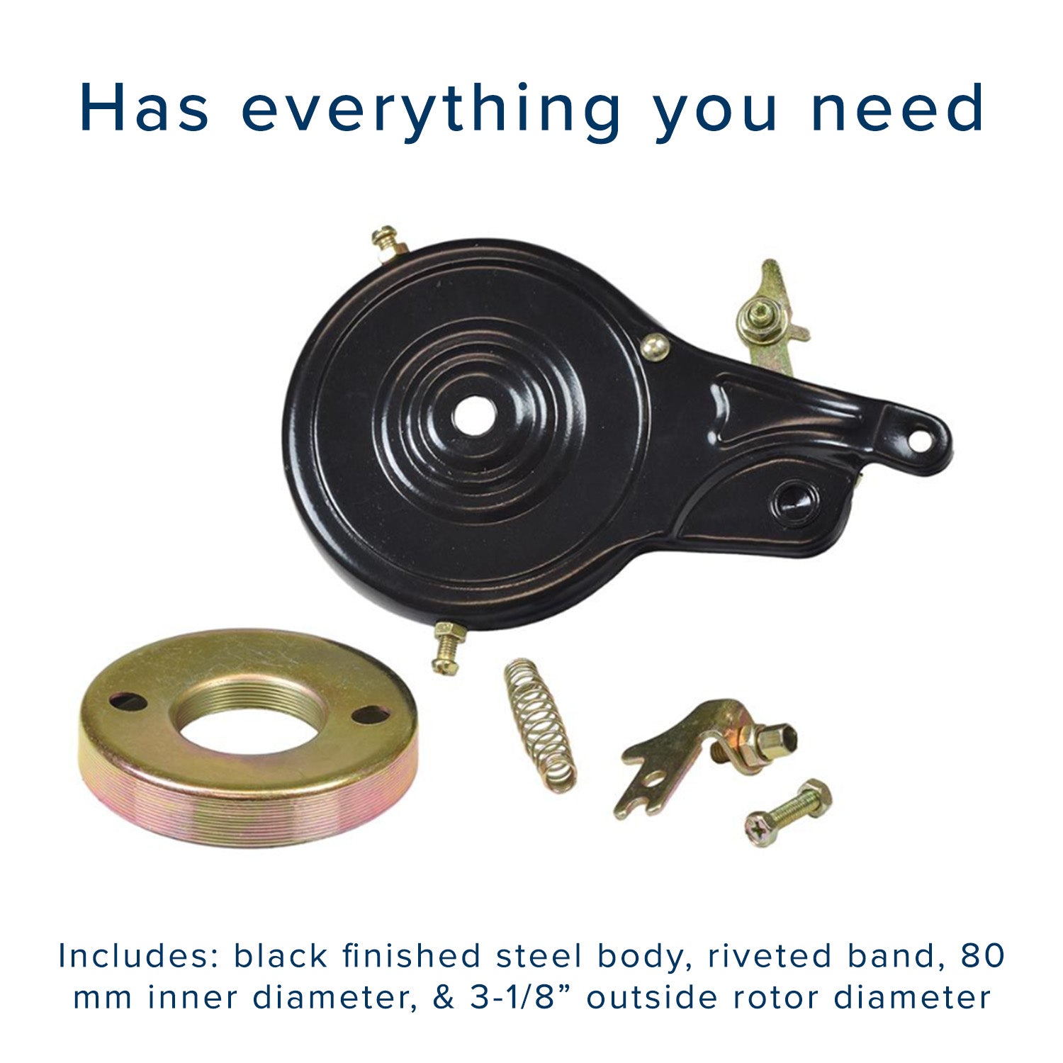 80 mm Rear Band Brake Assembly with Rotor & Spring featuring a black metal pulley, central hole, metal bolts, and screws, designed for rear brakes on electric scooters and bicycles.