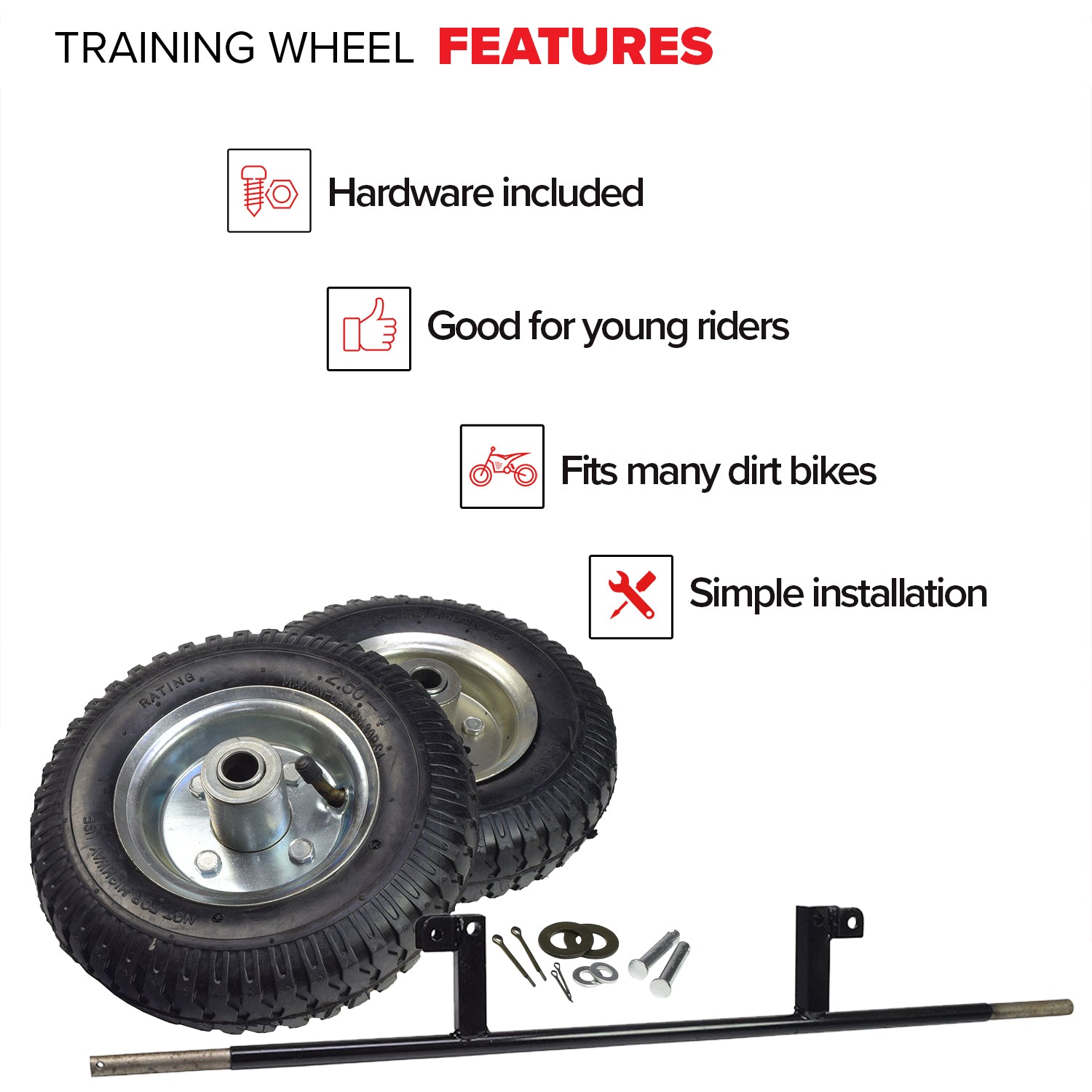 Training Wheels for 50cc & 70cc Dirt Bikes featuring two black tires with metal rims, a long axle with welded mounting brackets, and all necessary attachment parts like washers, cotter pins, and clevis pins.