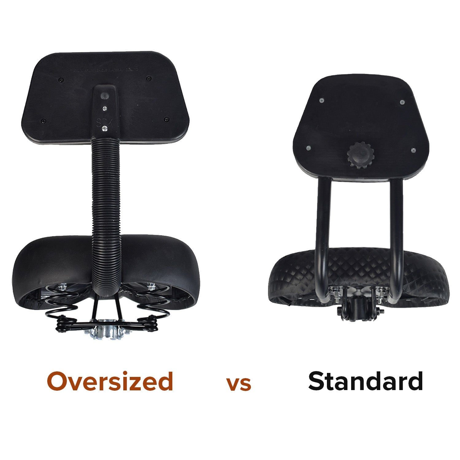 Comfort Bike Saddle Seat with Backrest (Blemished) showing a side and rear view, highlighting a minor dent in the black vinyl upholstery, featuring a sturdy backrest for added support.