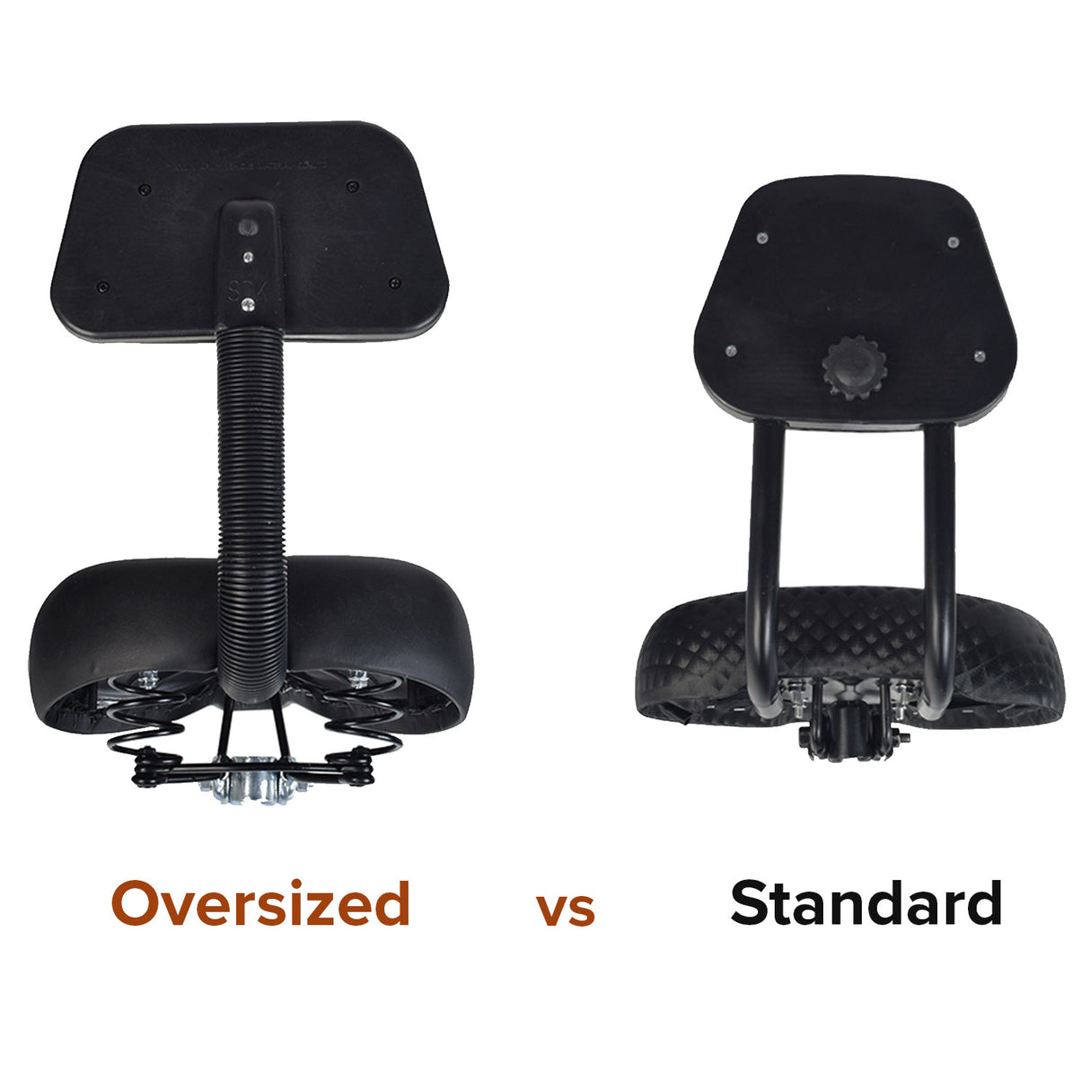 Comfort Bike Saddle Seat with Backrest (Deluxe) (Blemished), showing a back and side view featuring a black seat with a handle, and a close-up of the logo.