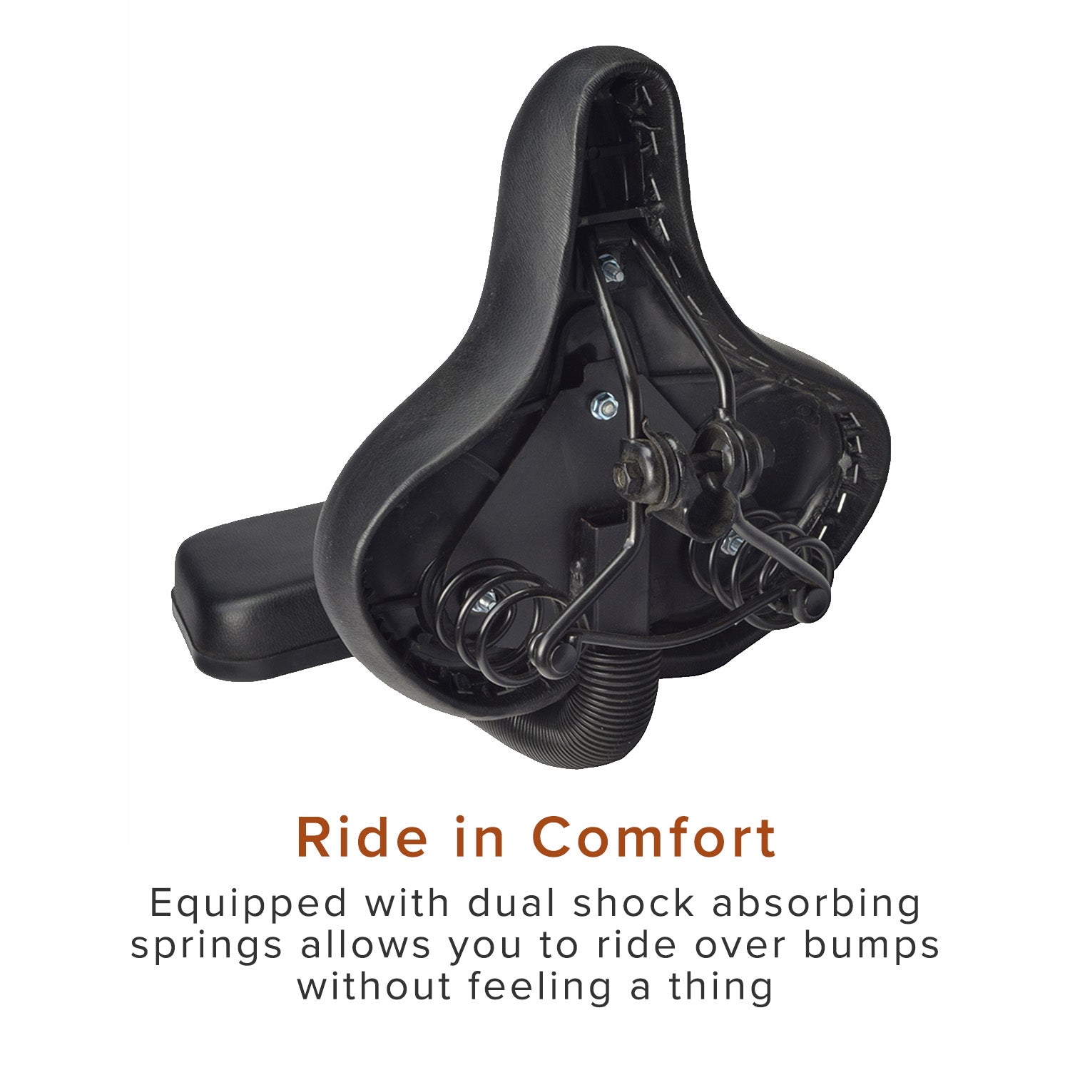 Comfort Bike Saddle Seat with Backrest (Deluxe) featuring dual black springs for shock absorption, a padded seat, and a built-in backrest, providing enhanced comfort for various bicycles and exercise bikes.