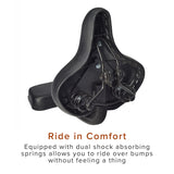 Comfort Bike Saddle Seat with Backrest (Deluxe) (Blemished) featuring black springs, black vinyl upholstery, and visible nut and bolt details on the underside, designed for 7/8 seat posts.