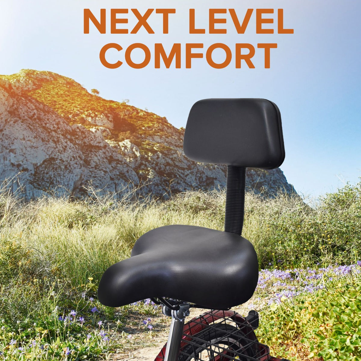 Comfort Bike Saddle Seat with Backrest (Deluxe) shown in a field, featuring a padded backrest and dual shock-absorbing springs, highlighting its plush cushioning designed for outdoor and indoor cycling comfort.