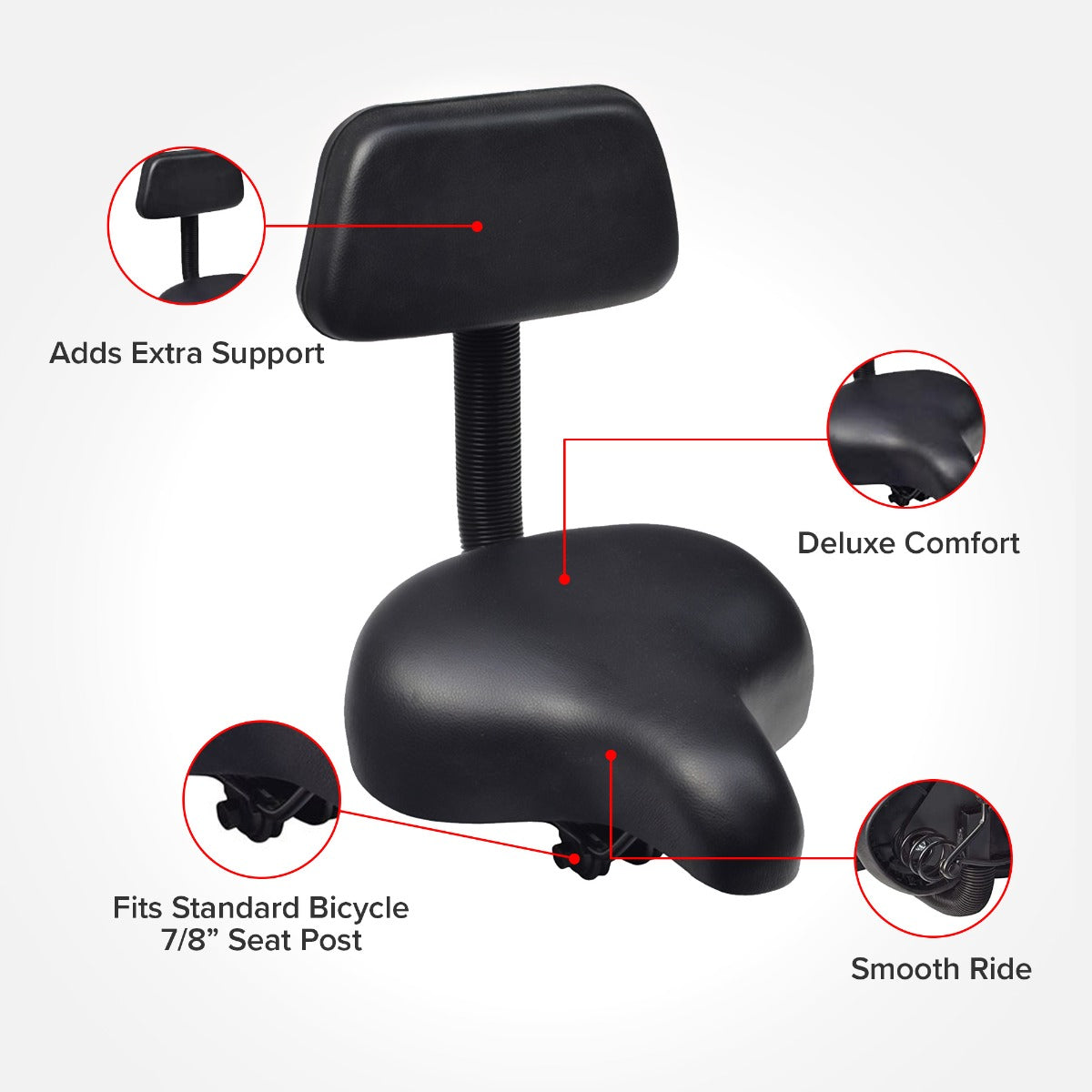 Comfort Bike Saddle Seat with Backrest (Deluxe) featuring a black padded seat, built-in backrest, and dual shock-absorbing springs, optimized for various bicycles and exercise bikes with a standard 7/8” seat post.