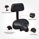 Comfort Bike Saddle Seat with Backrest (Deluxe) featuring a black padded seat, built-in backrest, and dual shock-absorbing springs, optimized for various bicycles and exercise bikes with a standard 7/8” seat post.