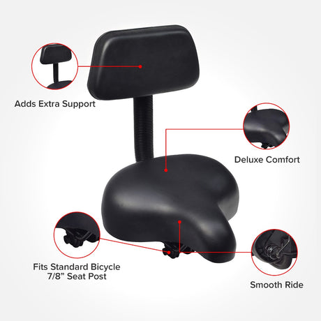 Comfort Bike Saddle Seat with Backrest (Deluxe) featuring a black padded seat, built-in backrest, and dual shock-absorbing springs, optimized for various bicycles and exercise bikes with a standard 7/8” seat post.