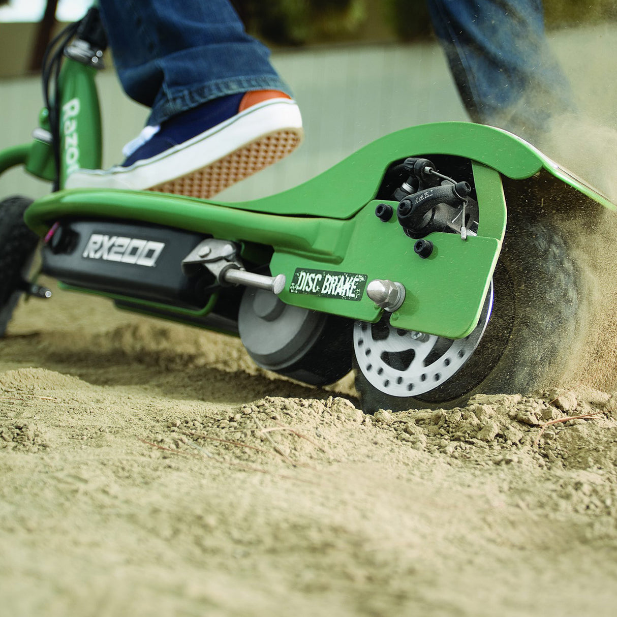 ZK2430D-FS Throttle & Control Module Bundle for Razor E200, Versions 13-23, shown installed on a green scooter with a person's foot on the footboard and visible wiring components.