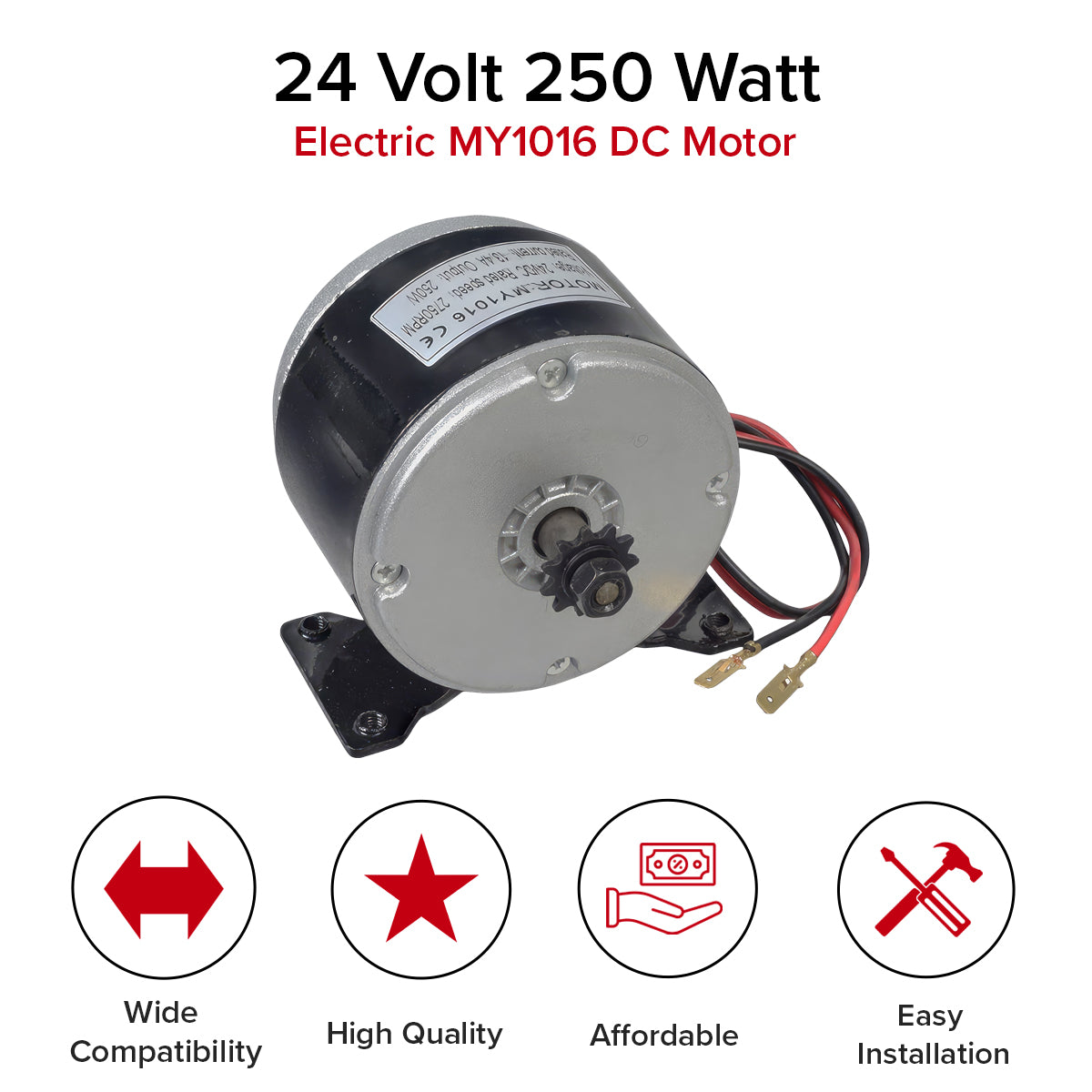 24 Volt 250 Watt MY1016 Electric Motor with 11 Tooth #25 Chain Sprocket (Blemished), showing missing wire connectors and text details.