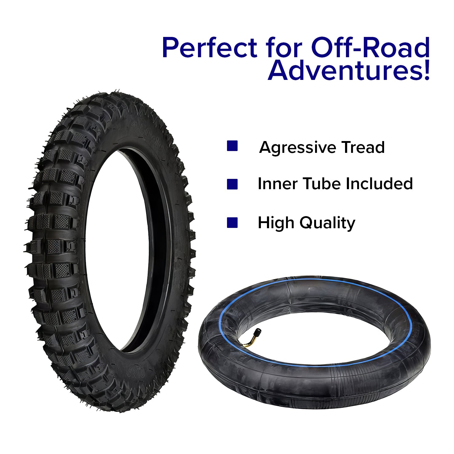 2.5-10 Tire & Tube Set for Baja, Honda, Minimoto, Motovox, & Razor Dirt Bikes, featuring a black tread tire and a black rubber tube with blue lines.