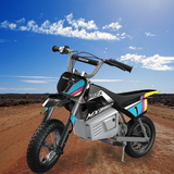 24 Volt Battery Pack for the Razor MX350, Versions 1-8, shown beside a black and blue motorcycle on a dirt road, emphasizing compatibility and high quality for optimal performance.