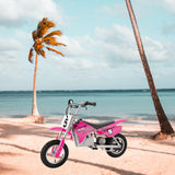 24 Volt Battery Pack for the Razor MX350, Versions 9+, showcased next to a pink dirt bike on a beach, highlighting the product's compatibility and high-quality craftsmanship.