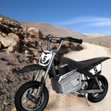 24 Volt Battery Pack for the Razor MX350, Versions 1-8, displayed beside a motorcycle on a dirt road, showcasing its compatibility with early MX350 models for outdoor adventures.