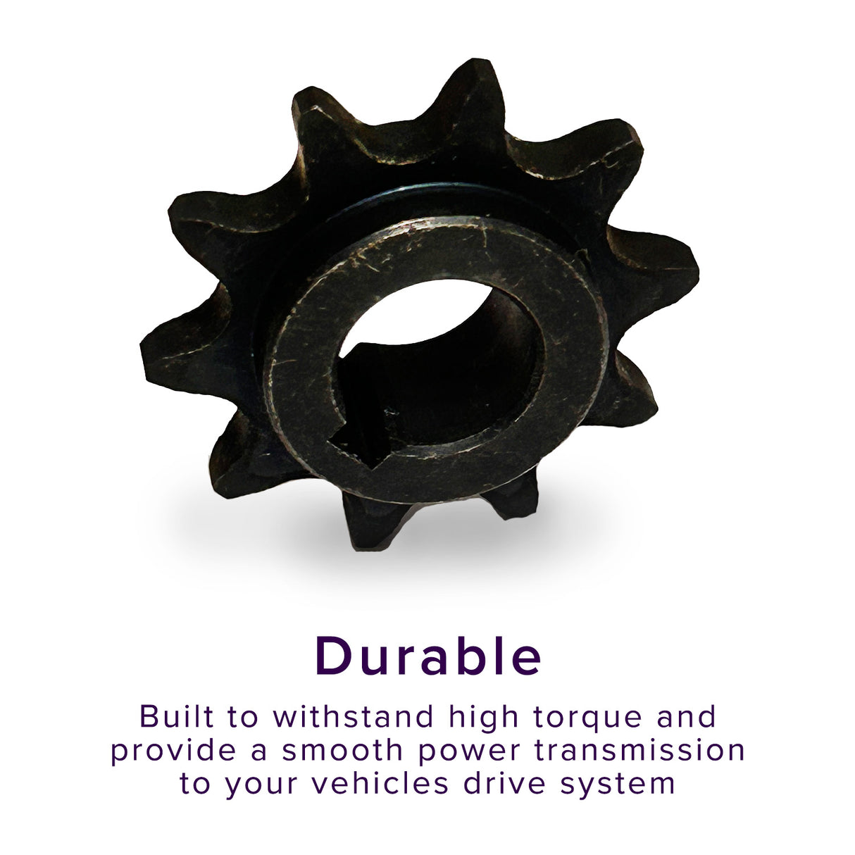 Close-up of a 10 Tooth #40/#41/420 Chain Sprocket for 20 & 30 Series Torque Converters (5/8 Inside Diameter), showing a centered hub and milled 3/16 shaft key.