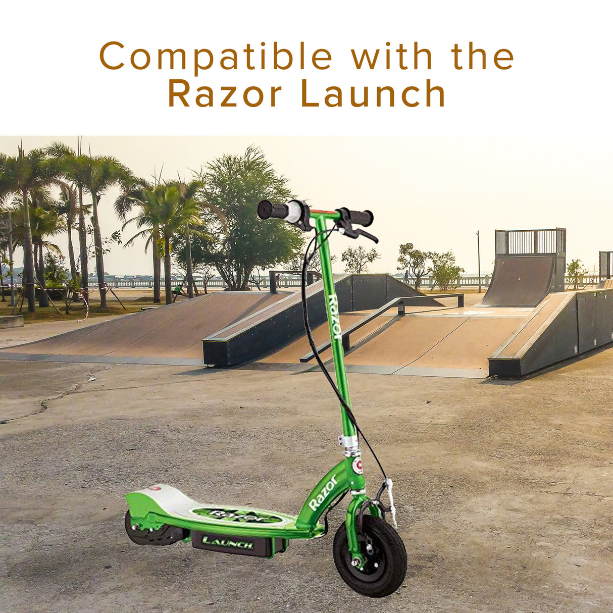 24 Volt Battery Pack for the Razor Launch: Image shows a green Razor Launch scooter with a handlebar in a park. The pack includes two new 12 Volt 5 Ah batteries with a wire harness.