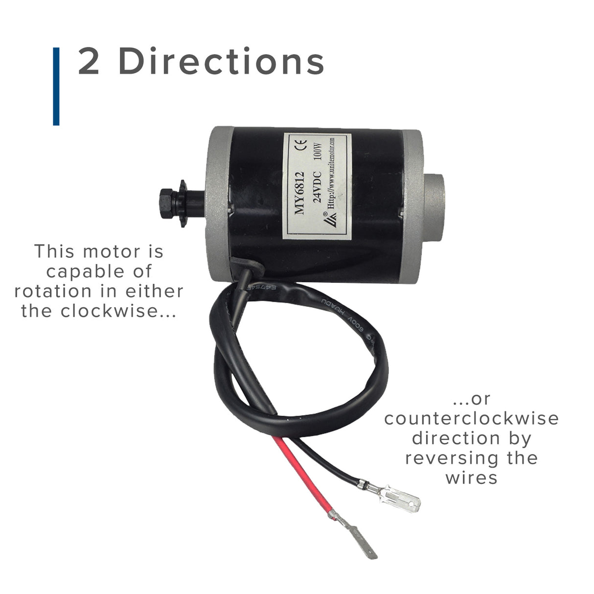 24 Volt 100 Watt MY6812 Electric Motor with 9 Tooth #25 Chain Sprocket, featuring a black and silver motor with black and red wires and a readable white label.