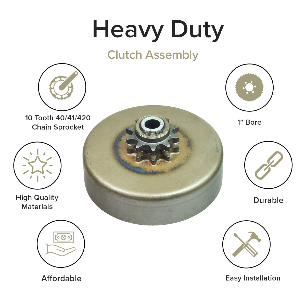 Heavy Duty Clutch Assembly with 1 Bore & #40/41/420 Chain Sprocket for Go-Karts & Mini Bikes, featuring a close-up of the gear, showcasing its robust build and intricate design details.