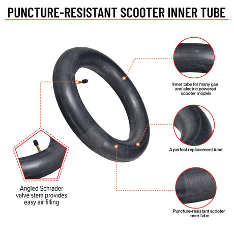 12-1/2 x 3.0 Street V-Groove Tire for Schwinn S750 with a black rubber tread, orange dots, and a metal stem, showcased with an inner tube option for smoother rides.