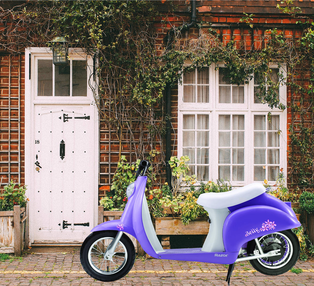 24 Volt Battery Pack for the Razor Pocket Mod, shown installed in a purple scooter parked in front of a brick building.