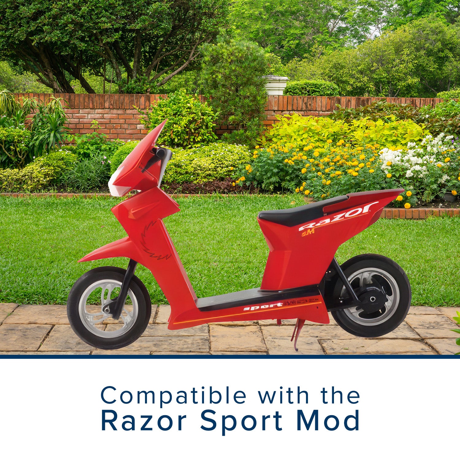 24 Volt Battery Pack for the Razor Sport Mod, showing a red scooter parked in front of a garden with visible wheels and a close-up of the logo.