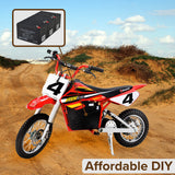 36 Volt Battery Pack for the Razor MX500, featuring three new 12 Volt 12 Ah batteries with a wiring harness, shown alongside the Razor MX500 Dirt Rocket and close-ups of the bike's components.