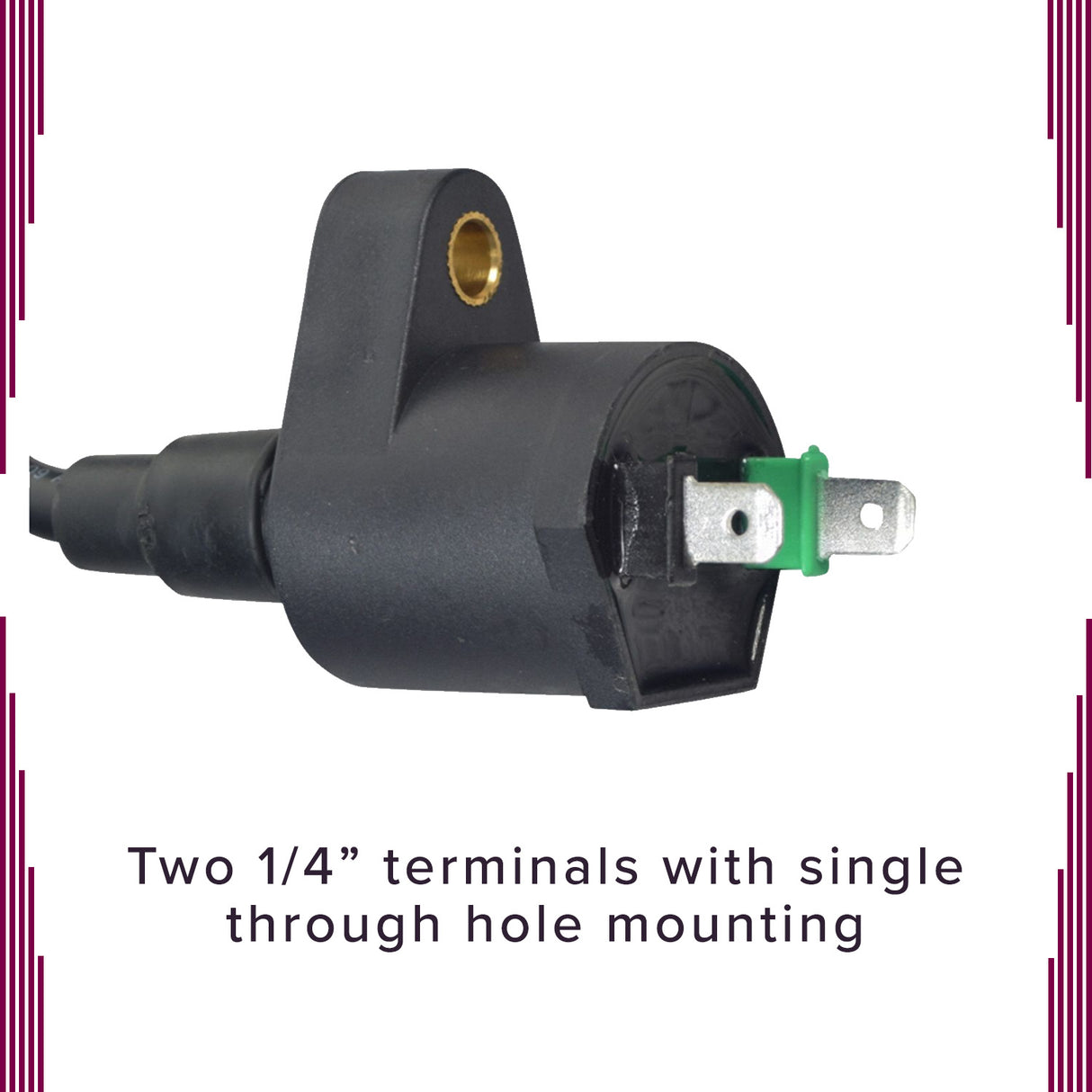 Ignition Coil for 50cc-150cc GY6 Scooter, ATV, & Dirt Bike Engines, showing a black electrical device with a green and gold wire, and silver connectors.