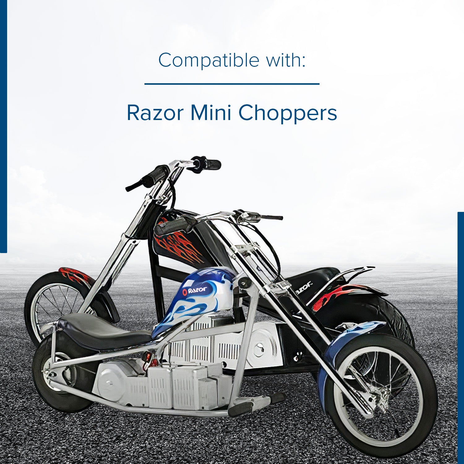 24 Volt Battery Pack for the Razor Mini Chopper, featuring two new 12V 7Ah batteries, shown close-up on a motorcycle with visible tire and seat details.