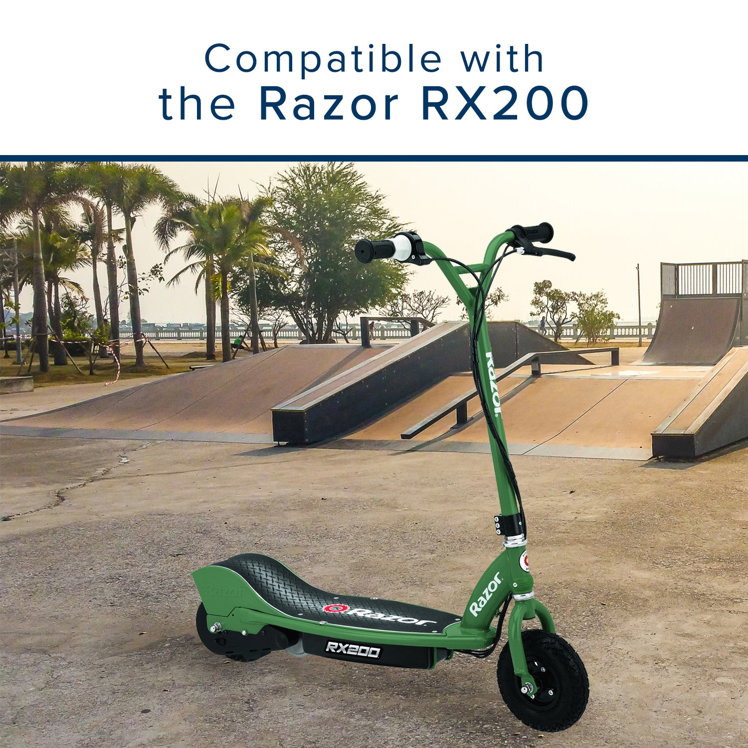 24 Volt Battery Pack for the Razor RX200, showcasing two new 12V 7Ah batteries with wiring harness in an outdoor park setting, highlighting the scooter's wheel and partial frame.