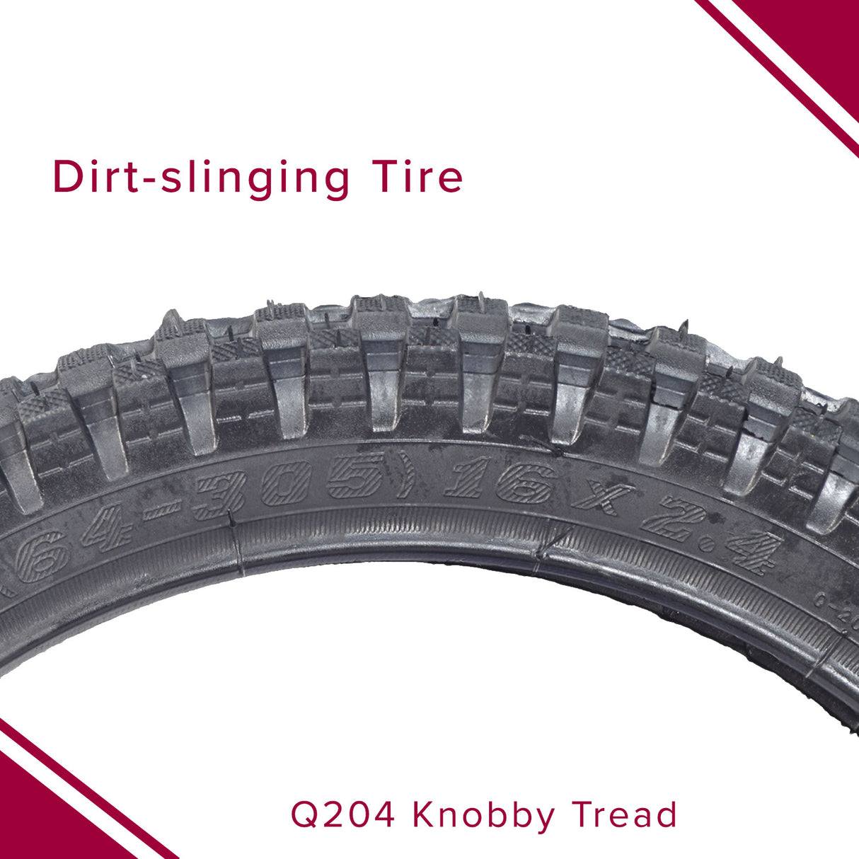 Close-up of a 16x2.4 (64-305) front tire and tube set with Q204 Knobby Tread for Razor MX500 & Razor MX650 Dirt Bikes, showcasing the detailed tread pattern and a visible logo.