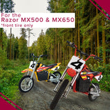 16x2.4 (64-305) Front Tire and Tube Set with Q204 Knobby Tread for Razor MX500 & Razor MX650 Dirt Bikes shown on a dirt road alongside two parked dirt bikes.