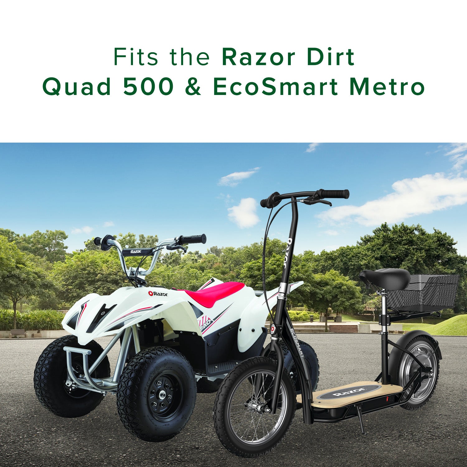 36 Volt Battery Pack for the Razor Dirt Quad 500 & EcoSmart Metro, featuring three 12 Volt 7 Ah batteries with a wiring harness, visible alongside a white and red scooter wheel.