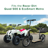 36 Volt Battery Pack for the Razor Dirt Quad 500 & EcoSmart Metro, featuring three 12 Volt 7 Ah batteries with a wiring harness, visible alongside a white and red scooter wheel.