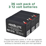 36 Volt Battery Pack for the Razor Dirt Quad 500 & EcoSmart Metro, featuring three black rectangular batteries with wiring harness, arranged together, ideal for enhanced scooter performance and extended runtime.