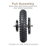 Rear Wheel Assembly without Hardware for the Razor MX350 (Versions 23+) & MX400 (Versions 19+) (Blemished) featuring a black tire, metal spokes, and brake assembly, missing hardware for sprocket and chain plate guide.