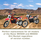 16x2.4 Inner Tube for the Razor MX500 and MX650 Dirt Rocket, shown with two dirt bikes in a desert, highlighting its compatibility with front tires and straight valve stem feature.