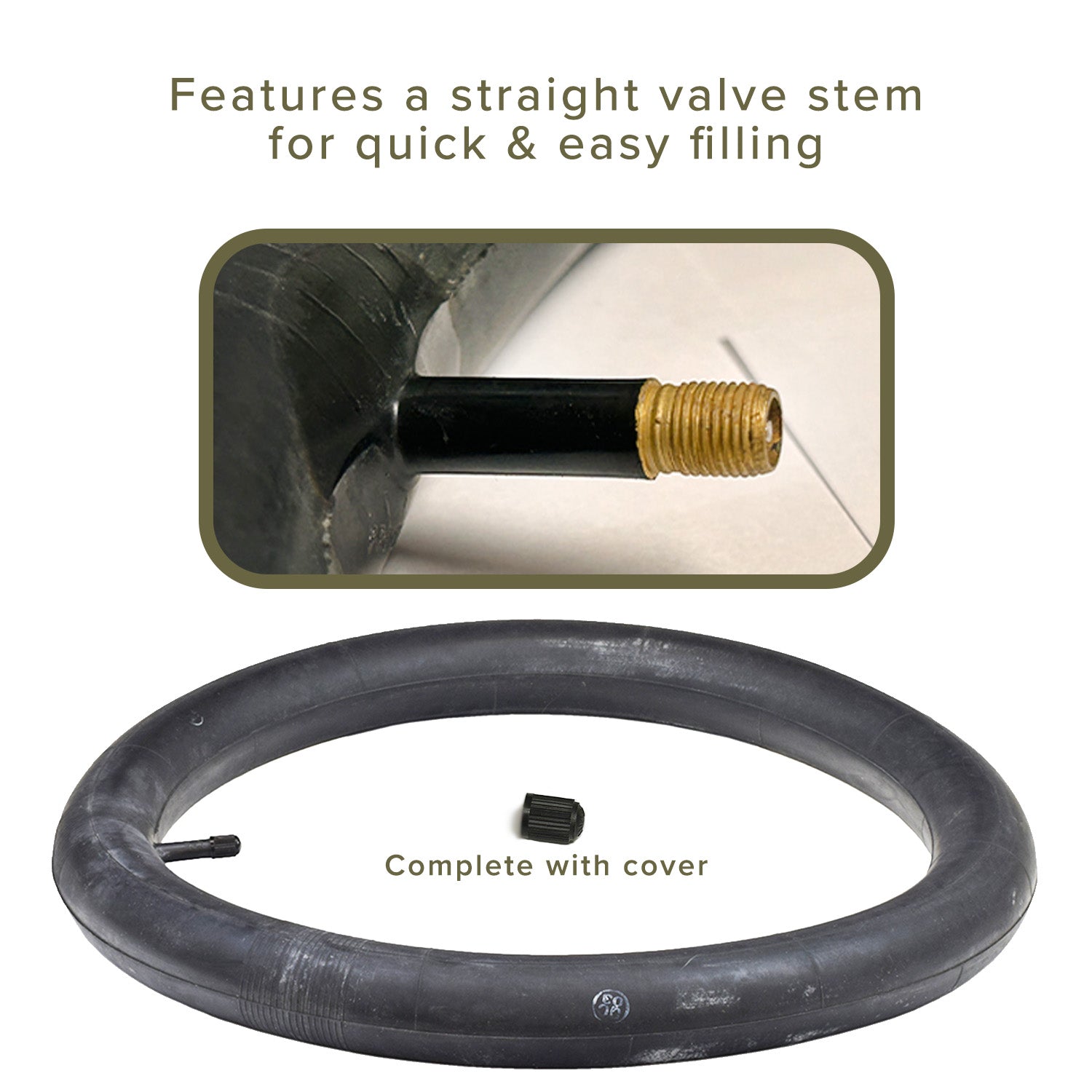 16x2.4 Inner Tube for the Razor MX500 and MX650 Dirt Rocket featuring a black rubber tube with a gold nut and a straight valve stem, designed for front tire compatibility.