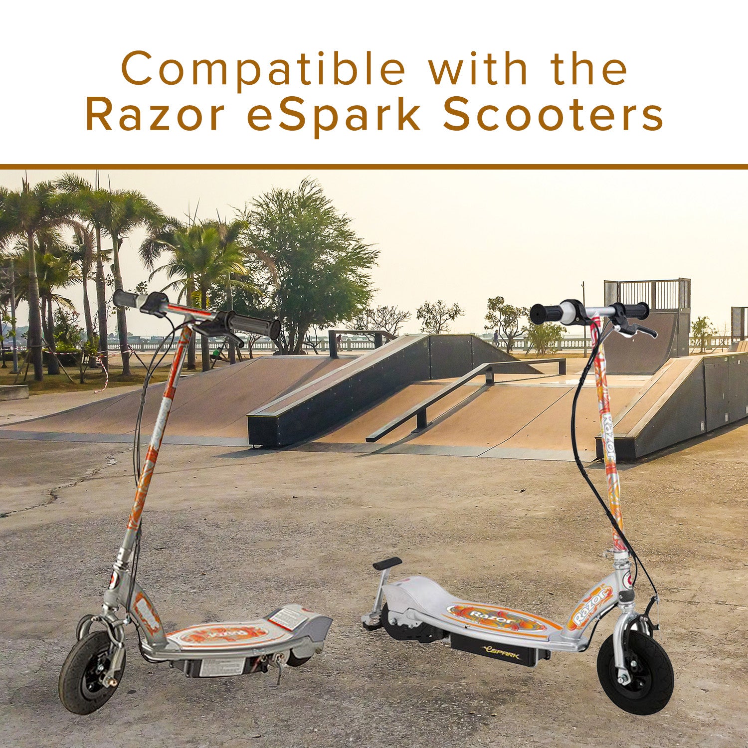 Two scooters in a park, highlighting the 24 Volt Battery Pack for the Razor eSpark, showcasing its practicality and affordability from Monster Scooter Parts.