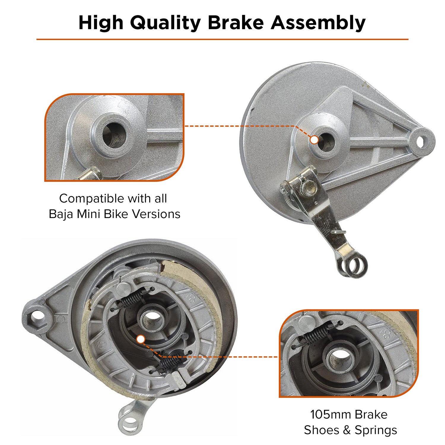 Close-up of a brake assembly for the Baja Mini Bike MB165 & MB200 (Baja Heat, Mini Baja, Baja Warrior), featuring a metal structure with screws, springs, and a central hole.