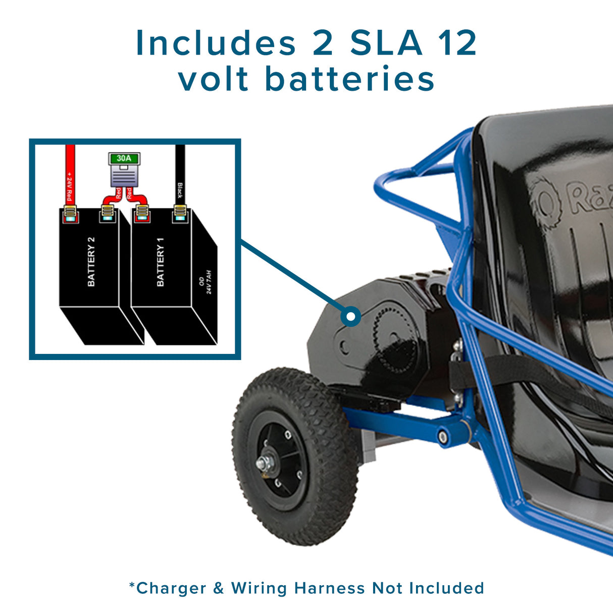 24 Volt Battery Pack for the Razor Dune Buggy, featuring two high-capacity 12 Volt batteries, ensuring longer runtime and reliable performance for your Razor Dune Buggy.