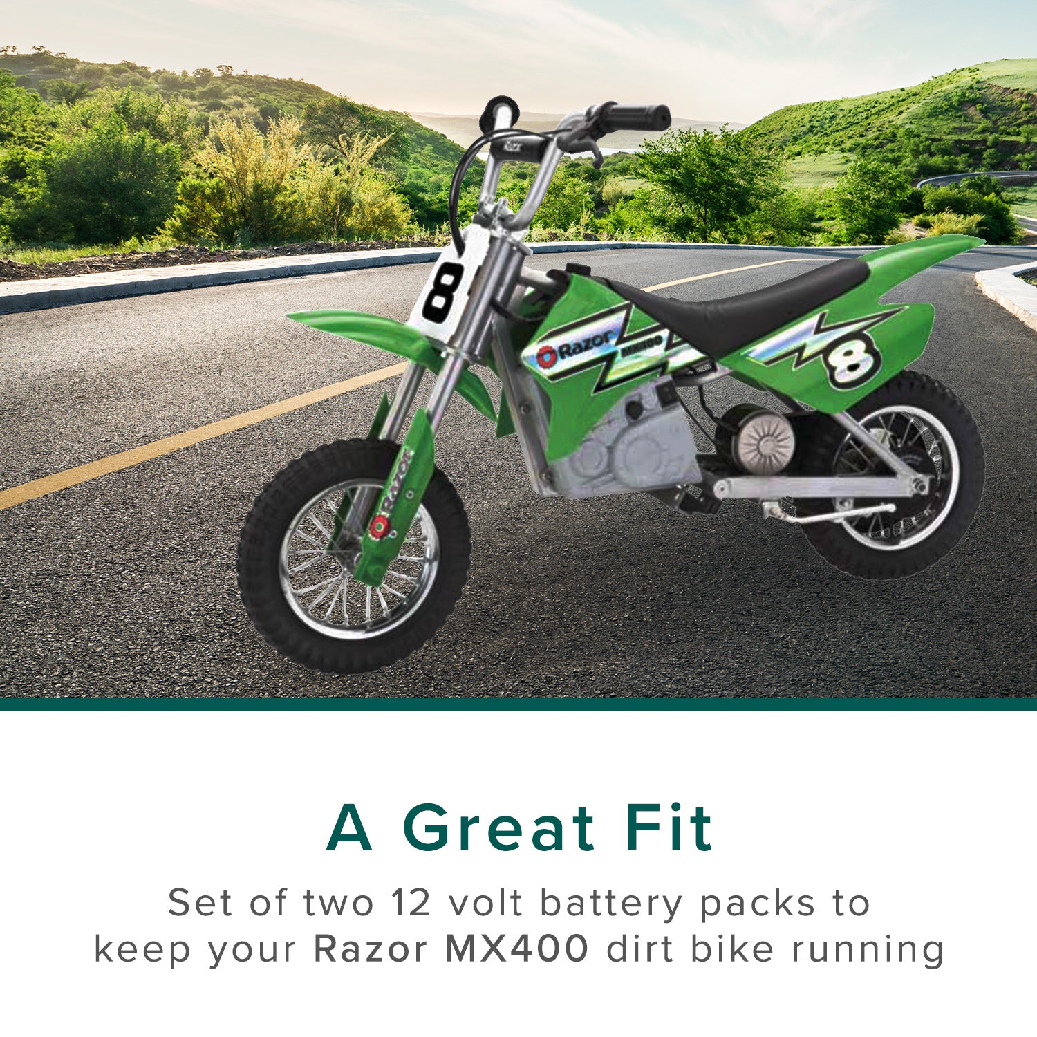 24 Volt Battery Pack for the Razor MX400, featuring two new 12 Volt 7 Ah batteries, displayed alongside a green dirt bike on a road, highlighting the essential parts.