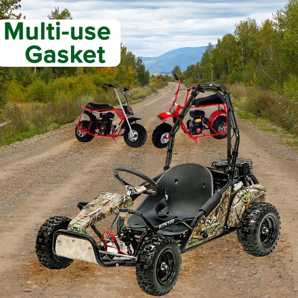 Carburetor, Air Cleaner, & Air Inlet Gasket for the Baja Doodle Bug (DB30) shown on a dirt road with two vehicles in the background, including a go-kart and a red mini bike.