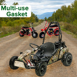 Carburetor, Air Cleaner, & Air Inlet Gasket for the Baja Doodle Bug (DB30) shown on a dirt road with two vehicles in the background, including a go-kart and a red mini bike.